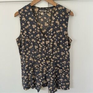 Vintage Wrapper Women's Vest Floral Blue Pearl Metal Buttons Cottagecore Medium